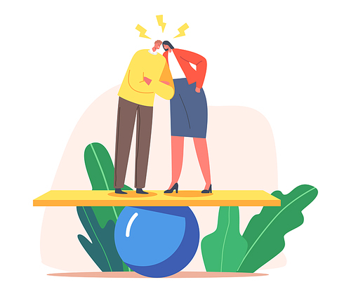 Angry Couple Characters Arguing Shouting Blaming Each Other Standing on Swing. Husband and Wife Quarreling, Family Trouble, Bad Marriage Relationships, Fighting. Cartoon People Vector Illustration