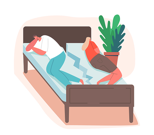 Spouse Trouble, Quarrel Concept. Offended Married Couple Characters Lying Back to Back on Broken Bed Feeling Bad cos of Arguing. Divorce, Family Crisis and Conflict. Cartoon People Vector Illustration