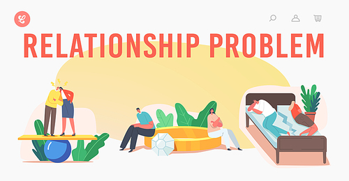 Relationship Problem Landing Page Template. Couple Troubles, Quarrel, Husband and Wife Characters Scandal, Young Family Spouse Swear at Home, Man and Woman Yelling. Cartoon People Vector Illustration