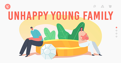 Unhappy Young Family Landing Page Template. Offended Couple Characters Sitting on Huge Engagement Ring. Sad Married Couple Quarrel, Family Trouble, Divorce or Fight. Cartoon People Vector Illustration