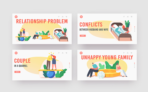 Relation Problems Landing Page Template Set. Couple Troubles, Quarrel, Husband and Wife Characters Scandal, Young Family Spouse Swear at Home, Man and Woman Yelling. Cartoon People Vector Illustration