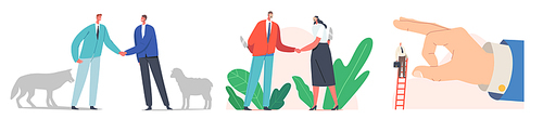 Business Betrayal, Meanness Falsehood Trickery People Concept. Characters with Knives Shaking Hands, Sheep and Wolf Friendship, Huge Finger Throw Off Man from Ladder. Cartoon Vector Illustration