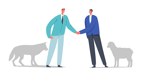 Betrayal, Trickery, False Agreement or Dangerous Friendship Concept. Business Partners Male Characters with Shadows of Wolf and Sheep behind of them Shaking Hands. Cartoon People Vector Illustration