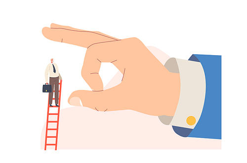 Dismissal, Business Betrayal, Huge Hand Trying to Throw Down Tiny Businessman Stand on Top of Ladder. Envy and Unethical Partner Character Career Danger Metaphor. Cartoon People Vector Illustration