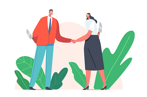 Business Betrayal Concept. Masked Businessman and Businesswoman Characters Shaking Hands and Smiling to Each Other while Hiding Knife Behind of Back, Trickery People. Cartoon Vector Illustration