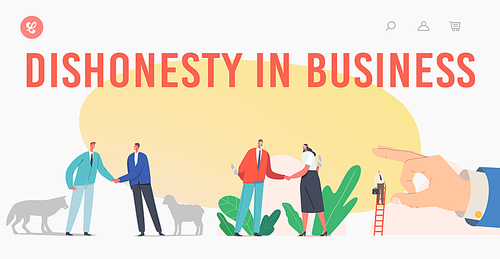 Dishonesty in Business Landing Page Template. Trickery People Betrayal. Characters with Knives Shake Hand, Sheep and Wolf Friendship, Huge Finger Throw Off Man from Ladder. Cartoon Vector Illustration