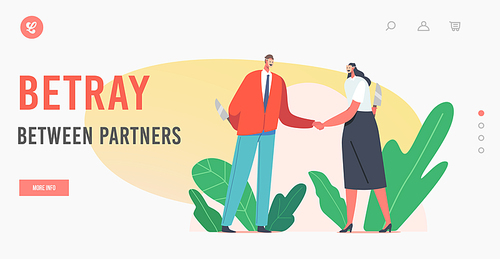 Betray between Partners Landing Page Template. Masked Characters Shaking Hands and Smiling to Each Other while Hiding Knife Behind of Back. Busines People Betrayal. Cartoon Vector Illustration