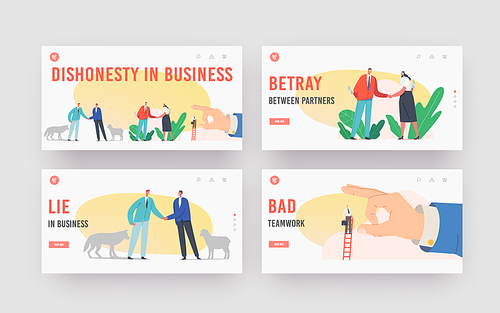 Betrayal and Dishonesty in Business Landing Page Template Set. Characters with Knives Shake Hand, Sheep and Wolf Friendship, Huge Finger Throw Off Man from Ladder. Cartoon People Vector Illustration