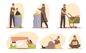 Set of Homeless People, Male and Female Beggars Characters Begging Money, Need Help and Work, Bums Wearing Ragged Clothing Pick Up Garbage on Street, Sleep on Bench. Cartoon Vector Illustration