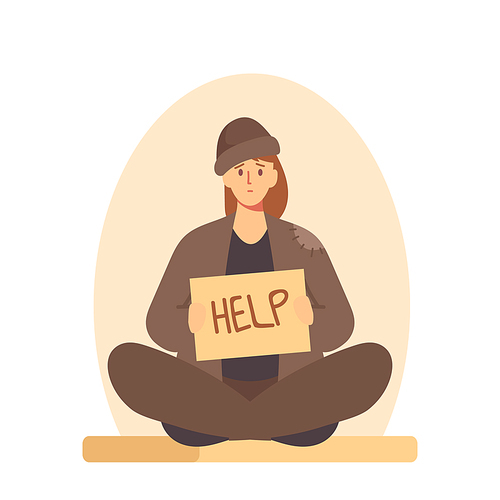 Bum in Ragged Clothes Sitting on Ground Begging Money, Homeless Woman Holding Banner Need Help, Unemployed Character Asking Support in Trouble Situation, Begging. Cartoon People Vector Illustration