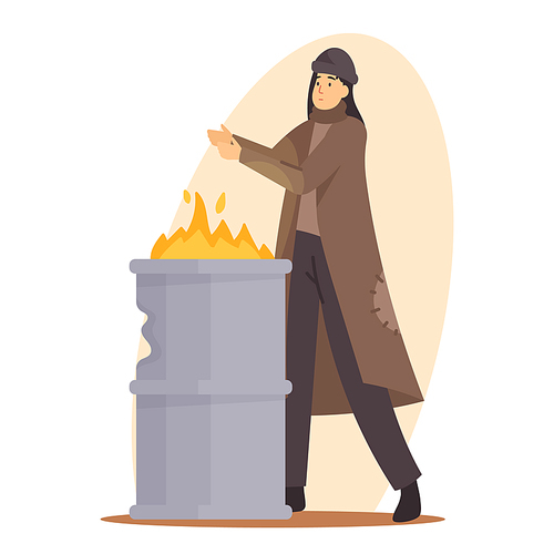 Sad Woman Beggar Warming Hand on Fire Burning in Metal Barrel, Female Character Wearing Ragged Clothing Living on Street, Homeless Poor Girl Bum Need Support, Help. Cartoon People Vector Illustration