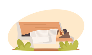 Homeless People Concept. Poor Bum Male Character in Dirty Ragged Clothes Sleeping on Bench Covered with Newspaper in City Park. Drunk Man Pauper Live on Street Outdoors. Cartoon Vector Illustration