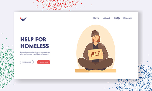 Help for Homeless Landing Page Template. Bum in Ragged Clothes Sitting on Ground Begging Money Holding Banner Need Help, Unemployed Character Ask Support in Trouble. Cartoon People Vector Illustration