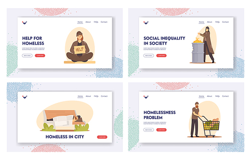 Homeless People Landing Page Template Set. Beggars Characters Begging Money, Need Help and Work, Bums Wearing Ragged Clothing Pick Up Garbage on Street, Sleep on Bench. Cartoon Vector Illustration