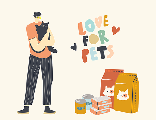 Male Character Care of Domestic Animal. Man Holding Cute Cat on Hands with Different Food in Packages or Cans for Feeding Kitten, People Love and Care of Pets Concept. Linear Vector Illustration