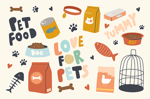 Set of Icons Pets Food Theme. Packages with Feeding for Cats, Dogs, Fish or Birds, Cage, Bones and Bowl with Cookies, Yummy Snacks, Paw Prints and Collar, Tin Cans Feeding. Linear Vector Illustration