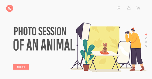 Animal Photo Session Landing Page Template. Photographer Female Character Make Photo of Dog in Professional Studio with Light Equipment. Pets Photography Shoot with Camera. Cartoon Vector Illustration