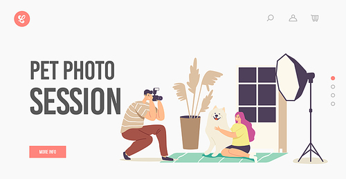 Pets Photography Landing Page Template. Photographer Male Character Make Photo of Girl with Dog in Professional Studio with Light Equipment. Domestic Animal Photo Session. Cartoon Vector Illustration