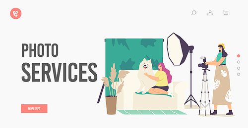 Photo Sevices Landing Page Template. Domestic Animal Photo Session, Pets Photography Shoot. Photographer Female Character Make Photo of Girl Hugging Dog in Studio. Cartoon Vector Illustration