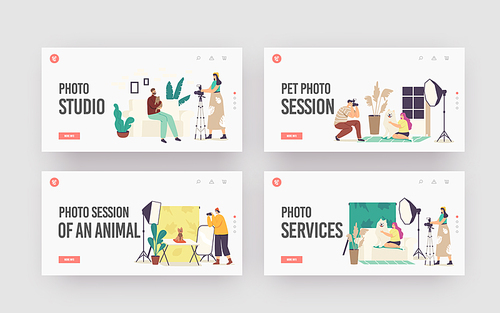 Studio Photo Session, Domestic Animals Photography Landing Page Template Set. Photographer Characters Make Photos of Dogs and Cats with Professional Light Equipment. Cartoon People Vector Illustration