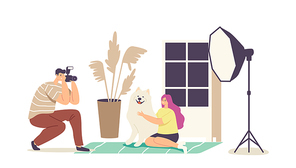 Pets Photography Concept. Photographer Male Character Make Photo of Girl with Thoroughbred Dog in Professional Studio with Light Equipment. Domestic Animal Photo Session. Cartoon Vector Illustration