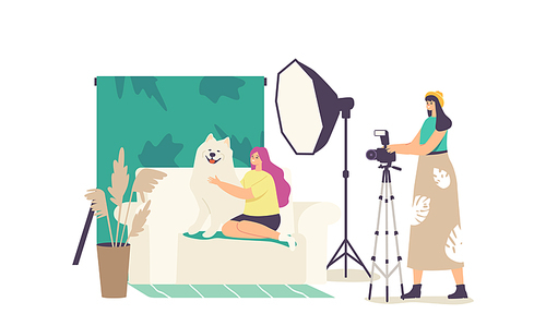 Domestic Animal Photo Session, Pets Photography Shoot. Photographer Female Character Make Photo of Girl Hugging Dog Sitting on Sofa in Professional Studio with Equipment. Cartoon Vector Illustration