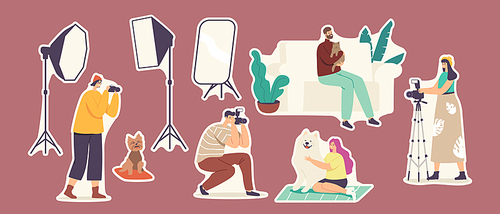 Set of Stickers Studio Pets Photo Session, Domestic Animals Photography. Photographer Characters Make Photos of Dogs and Cats with Professional Light Equipment. Cartoon People Vector Illustration