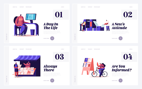 People Create and Distribute Typography Production Website Landing Page Set. Print House Workers Printing Newspapers Salesman Sell Magazines on Street Web Page Banner. Cartoon Flat Vector Illustration