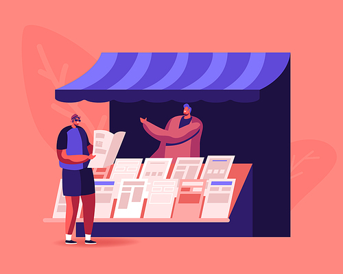 People Reading and Selling Newspapers. Male Character Stand at Kiosk Read News while Walking on Street. Person Buying Magazine at Booth Outdoors. Press Media Business. Cartoon Flat Vector Illustration
