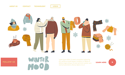 People in Warm Clothes for Outdoor Walking Landing Page Template. Male Female Characters Wearing Woolen Knitted Handmade Scarves and Hoods for Cold Winter or Autumn Weather. Linear Vector Illustration