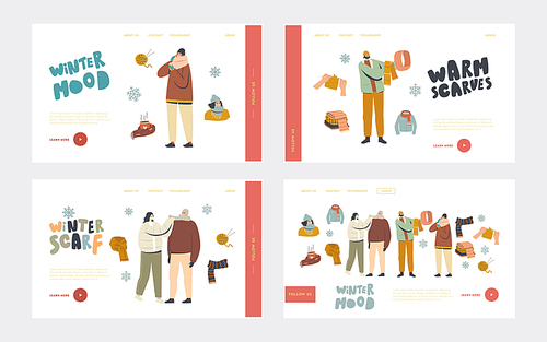 People in Warm Clothes for Outdoor Walking Landing Page Template Set. Male Female Characters Wearing Knitted Handmade Scarves and Hoods for Cold Winter or Autumn Weather. Linear Vector Illustration