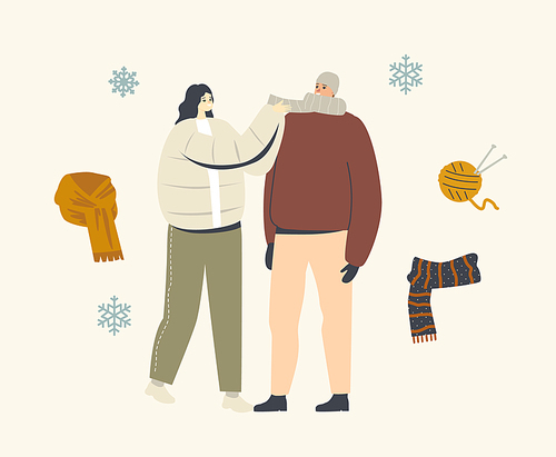 Loving Girl Dress Scarf on Man Neck for Walking Outdoor. Male and Female Characters Wearing Warm Woolen Knitted Scraves and Hoods for Cold Winter or Autumn Weather. Linear People Vector Illustration