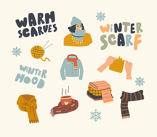 Set Icons Warm Clothing Theme. Clew and Knitting Needles with Young Woman Wearing Warm Hat and Scarf. Hot Drink, Snowflakes. Winter Mood, Youth Fashion Garment, Accessories. Linear Vector Illustration