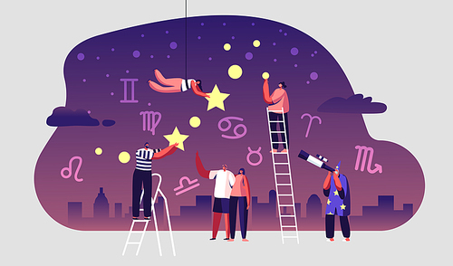 Astrologer Watching at Night Starry Sky through Telescope. Astronomy Science Hobby, People Look at Stars and Constellations Using Optical Tool with Zoom. Cosmic Space Cartoon Flat Vector Illustration
