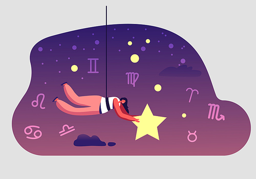 Astronomy or Astrology Science Concept. Female Character Hanging on Rope Holding Star in Hands among Zodiac Constellations on Night Sky. Woman Flying in Outer Space Cartoon Flat Vector Illustration