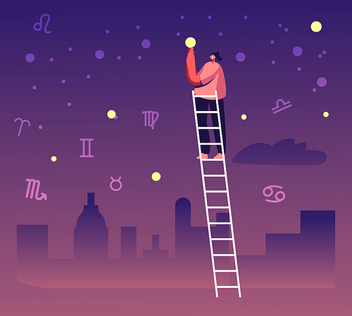 Female Character Stand on Ladder Take Star from Sky among Zodiac Constellations. Woman Studying Astrology and Astronomy Science. Cosmos Exploration, Space Education Cartoon Flat Vector Illustration