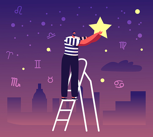 Male Character Stand on Ladder Put Star on Night Sky with Zodiac Constellations. Cosmos Exploration, Scientific Investigation. Man Studying Space, Astronomy Science Cartoon Flat Vector Illustration