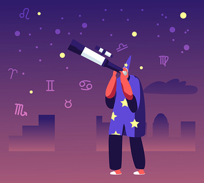 Astrologer in Costume and Cap Watching on Moon and Stars through Telescope Studying Space. Astrology School, Cosmos Exploration, Scientific Investigation, Education Cartoon Flat Vector Illustration