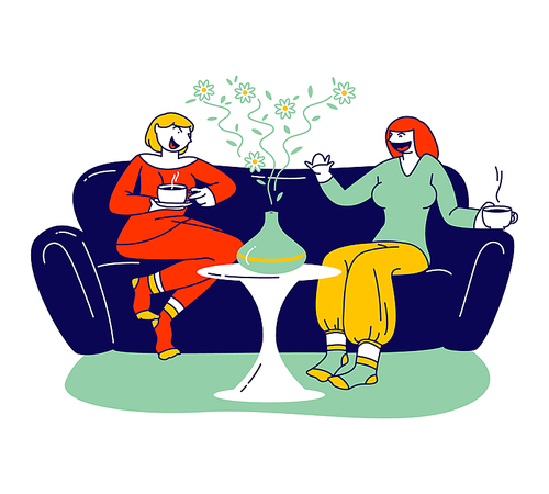 Aromatherapy Concept. Couple of Female Characters Using Aroma Oil Diffuser Lamp at Home for Wellbeing and Relaxation. Women Friends Chatting on Sofa, Aroma Therapy. Linear People Vector Illustration