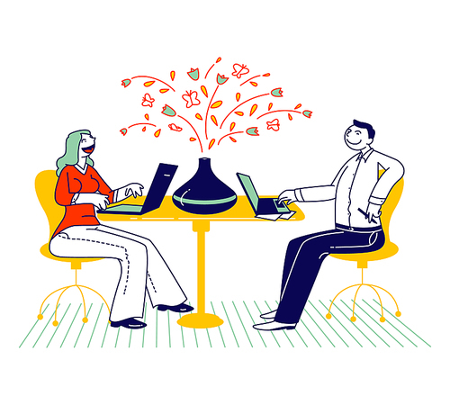 Couple of Colleagues Male Female Characters Sitting in Office or Coworking Area Working on Laptops with Aroma Oil Diffuser Lamp Stand on Table, Aromatherapy Concept. Linear People Vector Illustration