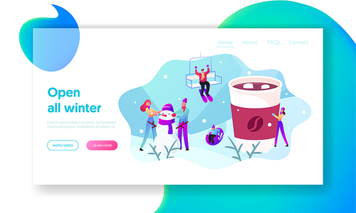 Winter Holidays Activity and Outdoor Spare Time Landing Page Template. Characters Playing Outdoors Making Snowman, Drinking Hot Beverages, Skiing, Slide Down Hill. Cartoon People Vector Illustration
