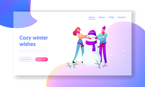 Winter Outdoor Activity Landing Page Template. Young Man and Woman in Warm Clothing Making Snowman on Snowy Landscape. Characters Playing on Christmas Holidays. Cartoon People Vector Illustration