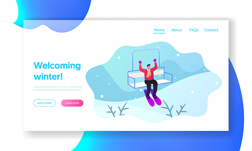 Christmas Holidays Recreation Landing Page Template. Happy Man Wearing Skis Rise to Lift Elevator. Male Character Go Up Hill on Cable Rope Funicular Relax at Winter Resort. Cartoon Vector Illustration