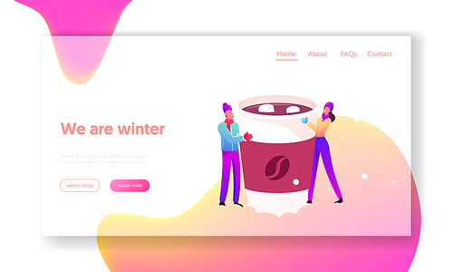 Characters Drink Hot Beverage in Winter Holidays Cold Season Landing Page Template. Tiny Man and Woman Hold Huge Cup with Hot Chocolate or Cocoa with Marshmallow. Cartoon People Vector Illustration