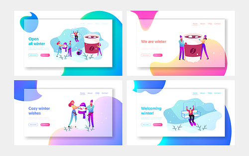 Winter Holidays Activity and Outdoor Spare Time Landing Page Template Set. Characters Playing Outdoors Make Snowman, Drinking Hot Beverages, Skiing, Slide Down Hill. Cartoon People Vector Illustration