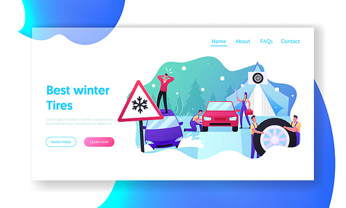 Mechanics Change Tyres for Winter Landing Page Template. Desperate Male Character Stand on Roof of Car Stuck in Deep Snowdrift, Road Safety, Accident Garage Service. Cartoon People Vector Illustration