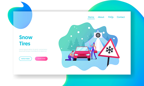 Road Accident, Garage Service Landing Page Template. Mechanics Characters Change Summer Car Tyres on Winter. Professional Transportation Expertise, Repairman Work. Cartoon People Vector Illustration