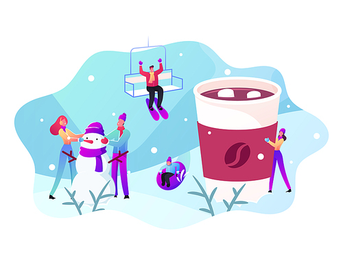 Winter Holidays Activity and Outdoor Spare Time Concept. Male and Female Characters Playing Outdoors Making Snowman, Drinking Hot Beverages, Skiing, Slide Down Hill. Cartoon People Vector Illustration