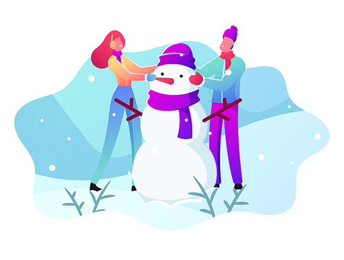 Young Man and Woman in Warm Clothing Making Snowman on Snowy Landscape Background. Winter Time Outdoor Activity. Characters Playing on Christmas Holidays Vacation. Cartoon People Vector Illustration