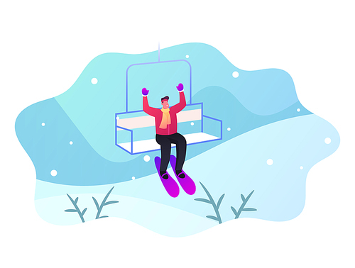 Happy Man Wearing Skis Rise to Lift Elevator. Male Character Go Up Hill on Cable Rope Funicular Spending Time at Winter Resort, Christmas Holidays Recreation, Sport, Relax. Cartoon Vector Illustration